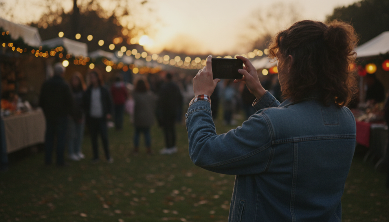 Una persona riprende con lo smartphone la folla e le bancarelle illuminate di un evento serale